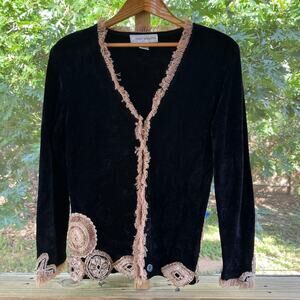 That Sweater Women's Vintage Black And Gold Chenille Embroidered Cardigan Size M